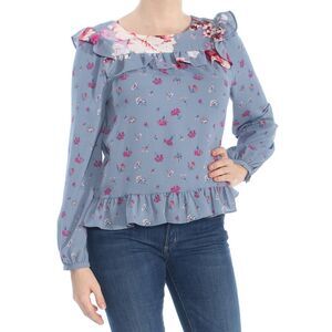 JILL STUART Womens Light Blue Floral Ruffled Long Sleeve Jewel Neck Top M